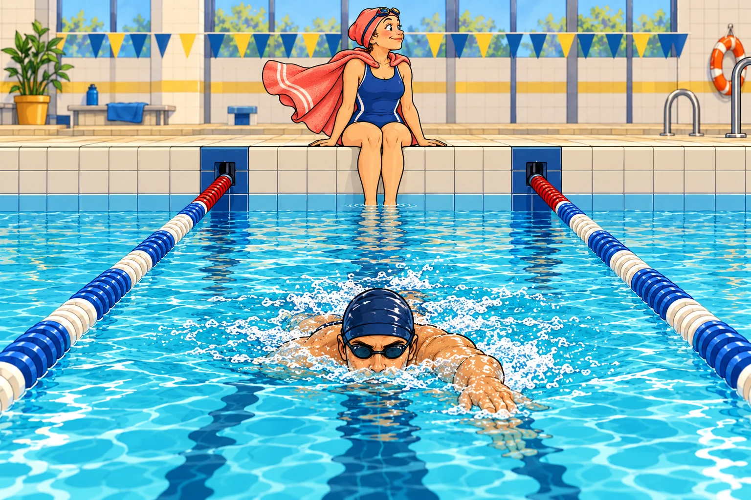 Comic illustration: a swimmer wearing a towel like a superhero cape sits at the lane end and waits while another swimmer moves away from the wall.