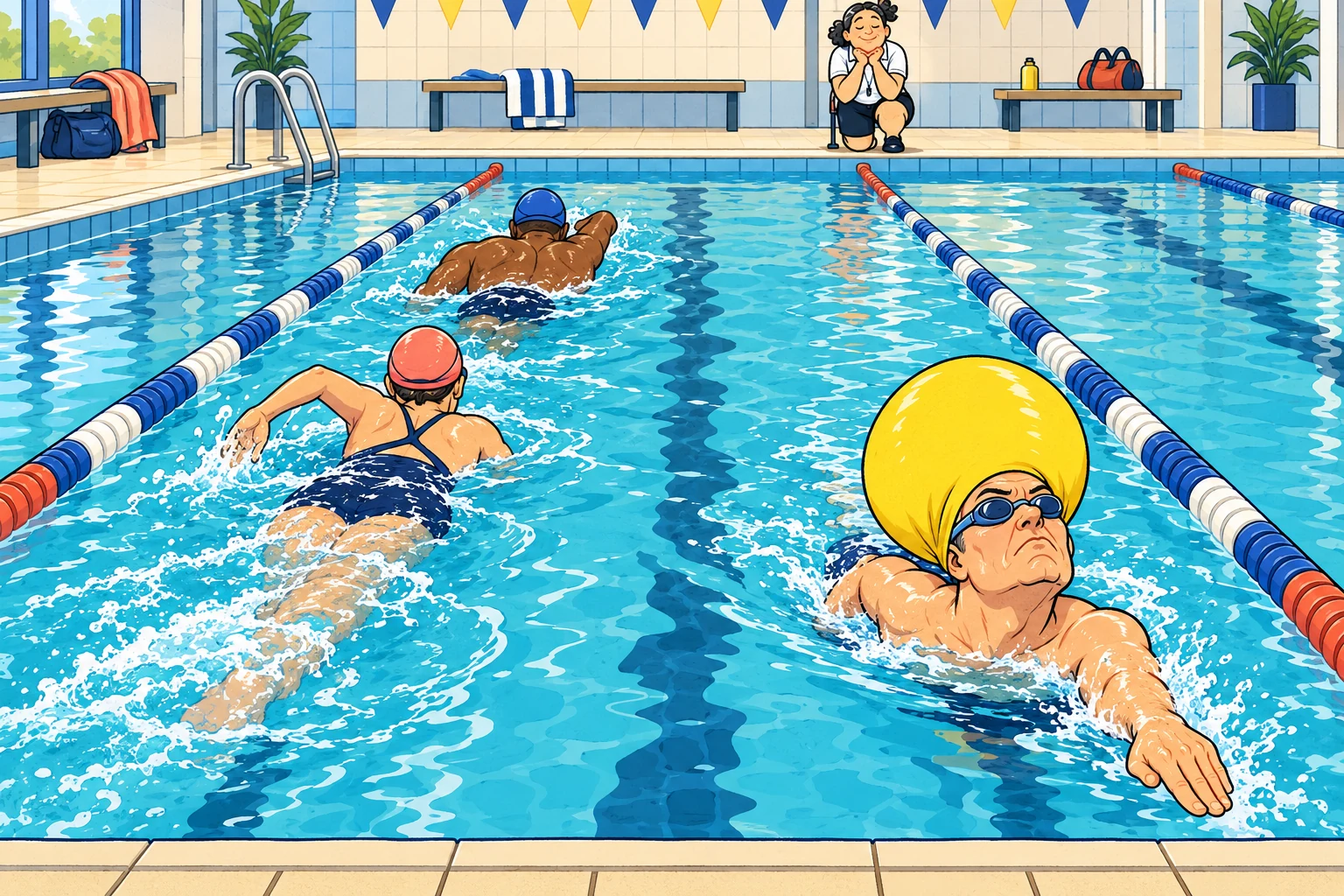 Comic illustration: three swimmers, including one with an oversized yellow cap, keep to their sides of a shared lane in a circle pattern.