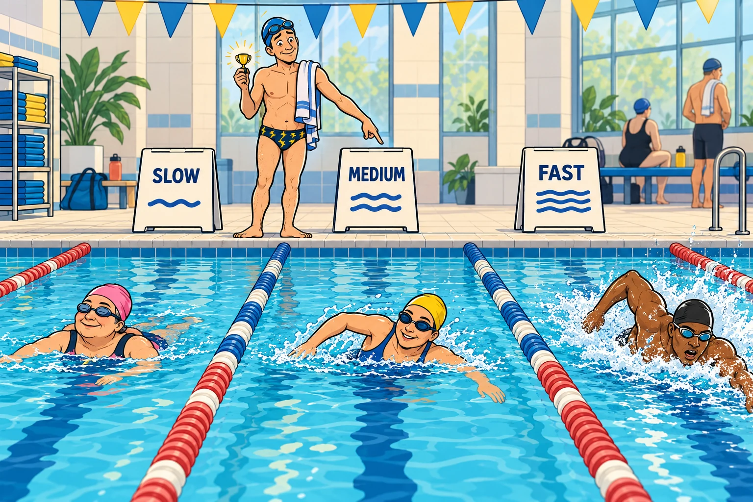 Comic illustration: a swimmer holding a tiny trophy points to the Medium lane while swimmers demonstrate three different paces.