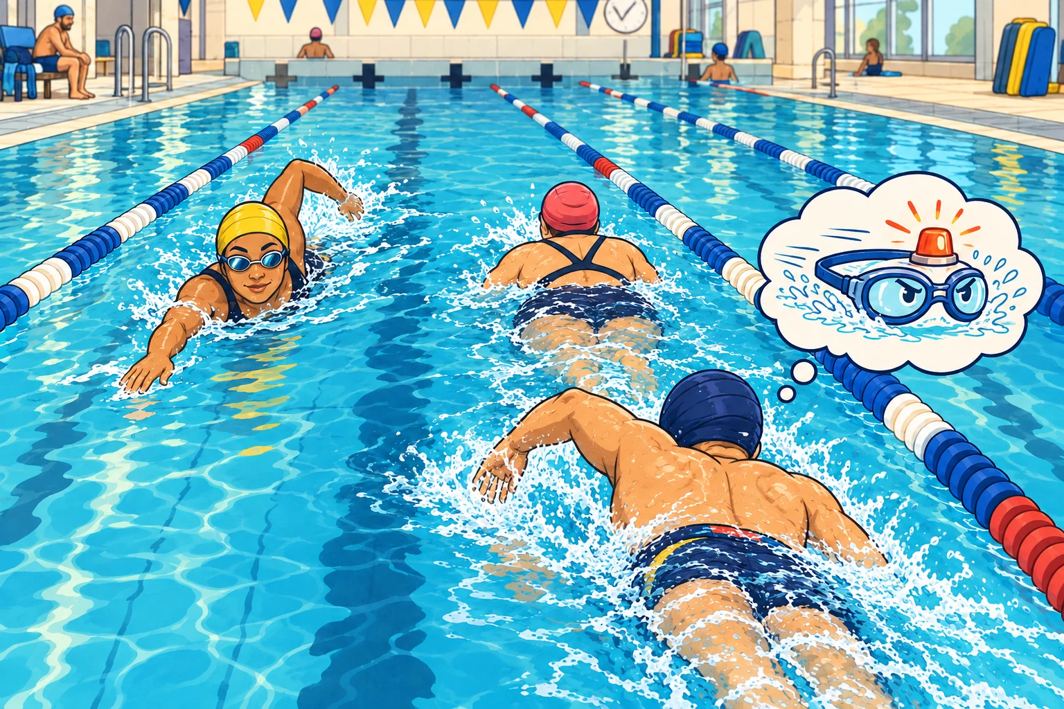 Comic illustration: an impatient swimmer imagines an emergency beacon but stays behind a swimmer while someone approaches on the other side.