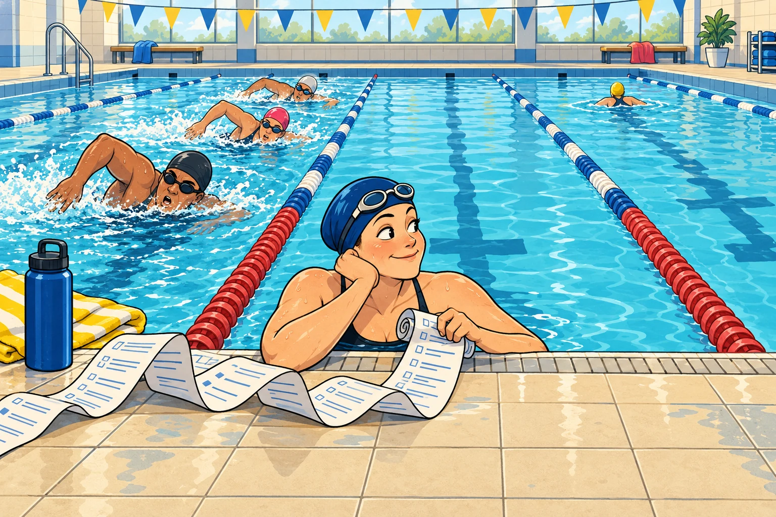 Comic illustration: a swimmer pauses at the wall with an absurdly long training plan on the deck, comparing a busy lane with a quieter one.